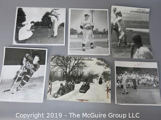 Collection of large format B&W sports photographs including the pitcher Dennis Reeder of the Minneapolis Millers, golfers Tom Gorman and Ben Hogan, and a toboggan sled race circa 1938, and hockey player Allen Stanley ,  