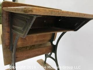 Antique schoolhouse desk/seat mounted on wood runners; 21 x 31 27T 