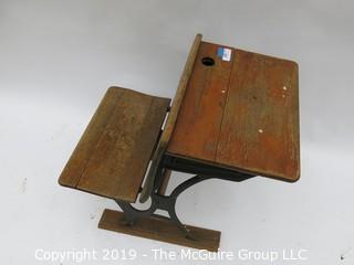 Antique schoolhouse desk/seat mounted on wood runners; 21 x 31 27T 