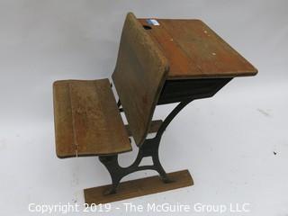 Antique schoolhouse desk/seat mounted on wood runners; 21 x 31 27T 