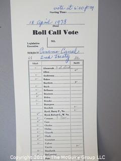 Tally Card of the Roll Call Vote in the U.S. Senate, 6pm, April 18, 1978 re Panama Canal 2nd Treaty, which passed 68-32 