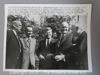 8 x 10 B&W Press Photo of President-Elect meeting 12-26-60 with Sen Kerr, LBJ, Dillon, and John Rooney, photo by UPI