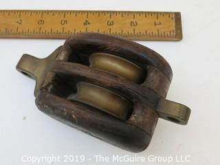 Antique Wood and Brass Double Pulley; marked MB for Merriman Brothers