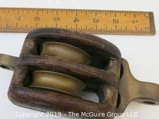 Antique Wood and Brass Double Pulley; marked MB for Merriman Brothers