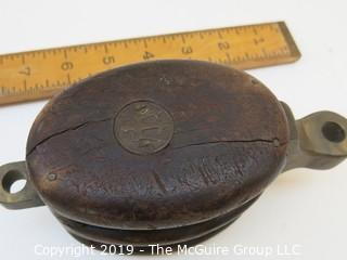 Antique Wood and Brass Double Pulley; marked MB for Merriman Brothers