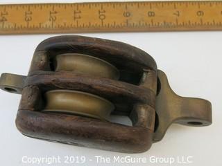 Antique Wood and Brass Double Pulley; marked MB for Merriman Brothers