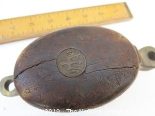 Antique Wood and Brass Double Pulley; marked MB for Merriman Brothers