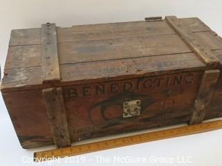 Covered Wooden Box w. Hinge; stenciled "Benedictine Liquor", France