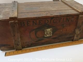 Covered Wooden Box w. Hinge; stenciled "Benedictine Liquor", France