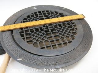 Circular Cast Iron Floor Mounted AirFlow Grate with adjusting lever underneath. Could be repurposed into a cool little table?