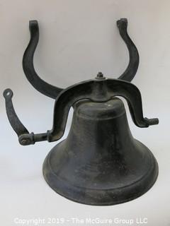 LARGE farm/school cast iron bell; complete with "Crystal Metal #2" mounting bracket and clapper