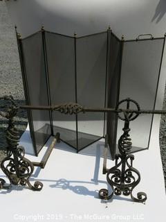 INCREDIBLE Oversized fireplace screen and ORNATE hand-forged "twisted" andirons; including cross piece (look closely)Google/eBay