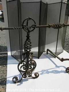 INCREDIBLE Oversized fireplace screen and ORNATE hand-forged "twisted" andirons; including cross piece (look closely)Google/eBay