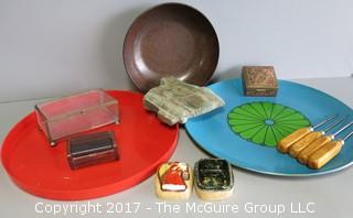 Collection including keepsake boxes, agatized wood bowl and ice picks 