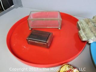 Collection including keepsake boxes, agatized wood bowl and ice picks 