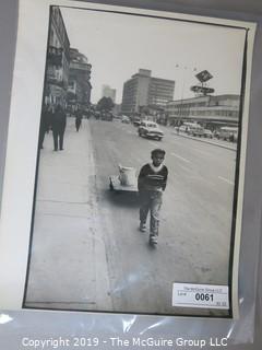 Large Format Photo; B&W; Columbia city street - boy w/ cart, Agfa logo on building; by Arthur Rickerby, Renowned American Photo Journalist