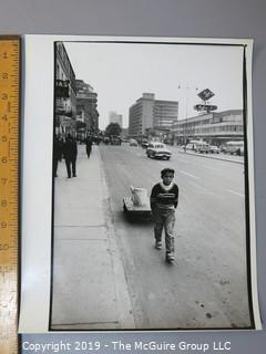 Large Format Photo; B&W; Columbia city street - boy w/ cart, Agfa logo on building; by Arthur Rickerby, Renowned American Photo Journalist