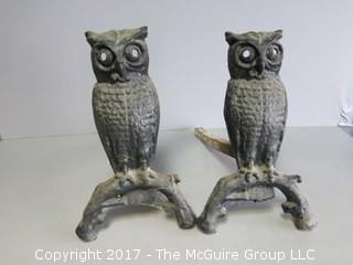 Pair of Owl form fireplace andirons 14" tall