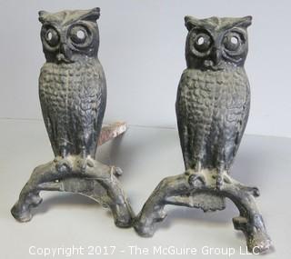 Pair of Owl form fireplace andirons 14" tall