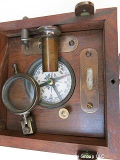 Marine Master Box containing brass compass. brass telescope, brass scale with chart, brass spirit level, brass alidade with coloured glass and brass boat clinometer.  