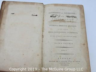 Book: "The Elements of Medicine"; leather bound; by John Brown; Vol. 1 of 2; London; 1788