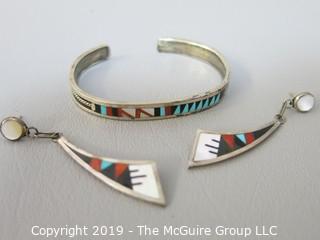 Sterling inlay Jewelry by "D. Zuni";  bracelet and earrings