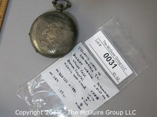 1881 Illinois Watch Co. pocket watch w/broken crystal, missing secondhand; personalized "H. Eliot Coe", sterling case; total weight 155g Steampunk