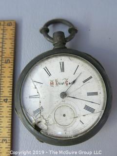 1881 Illinois Watch Co. pocket watch w/broken crystal, missing secondhand; personalized "H. Eliot Coe", sterling case; total weight 155g Steampunk