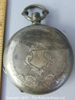 1881 Illinois Watch Co. pocket watch w/broken crystal, missing secondhand; personalized "H. Eliot Coe", sterling case; total weight 155g Steampunk