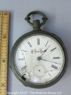 1881 Illinois Watch Co. pocket watch w/broken crystal, missing secondhand; personalized "H. Eliot Coe", sterling case; total weight 155g Steampunk