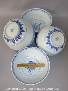 Collection of 4 Blue and White Japanese Rice bowls; 2 different sizes