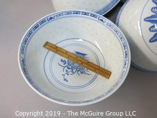 Collection of 4 Blue and White Japanese Rice bowls; 2 different sizes