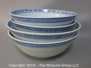 Collection of 4 Blue and White Japanese Rice bowls; 2 different sizes