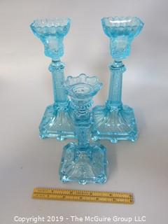 (3) Aqua glass chandlesticks