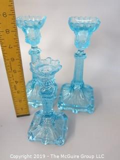 (3) Aqua glass chandlesticks