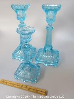 (3) Aqua glass chandlesticks