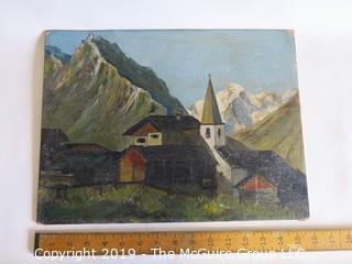 Alpine Village Scene; oil on artists board, unsigned; 12 x 16"