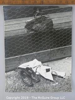 Photo: Large Format B&W: Arthur Rickerby: Historical: Americana: Baseball: Boy's belongings by fence, USMC gym bag, Poignant Saying 