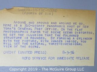 Photo: Historical: Rare: UPI:  Dr. Eugene Trachtman shows his 360-degree camera. Includes 4 iconic circular prints of downtown NYC incl the Flatiron Building on Fifth Avenue. 3Aug1956