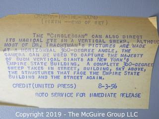 Photo: Historical: Rare: UPI:  Dr. Eugene Trachtman shows his 360-degree camera. Includes 4 iconic circular prints of downtown NYC incl the Flatiron Building on Fifth Avenue. 3Aug1956