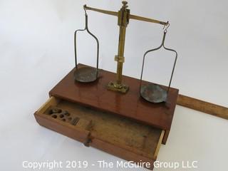 Historical: Vintage travel brass balance scale. For gold, coins, medicine. Missing most of the weights.