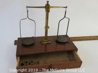 Historical: Vintage travel brass balance scale. For gold, coins, medicine. Missing most of the weights.