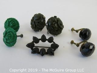 Jewelry: 3 pair of carved/faceted earrings. Various material. Oval black acorn pin.