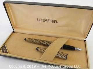 Pen: Sheaffer ink pen steel nib, gold electroplated mesh.