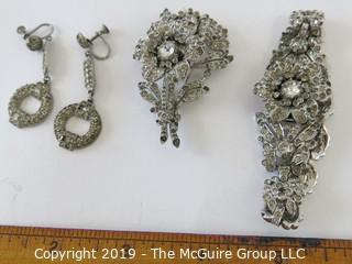 Jewelry: Asst of 1955 Trifari costume jewelry, incl. brooch, earrings and bracelet rhinestone BLING!